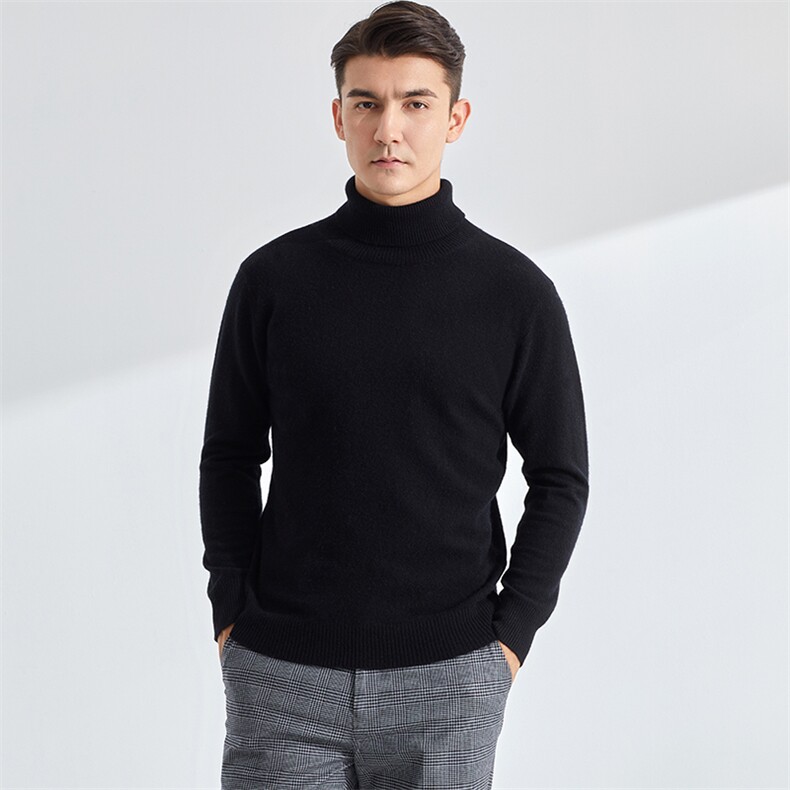 时尚男士羊绒高领毛衣经典黑色长袖针织衫舒适保暖简约百搭，男装羊绒套衫，牧群羊绒