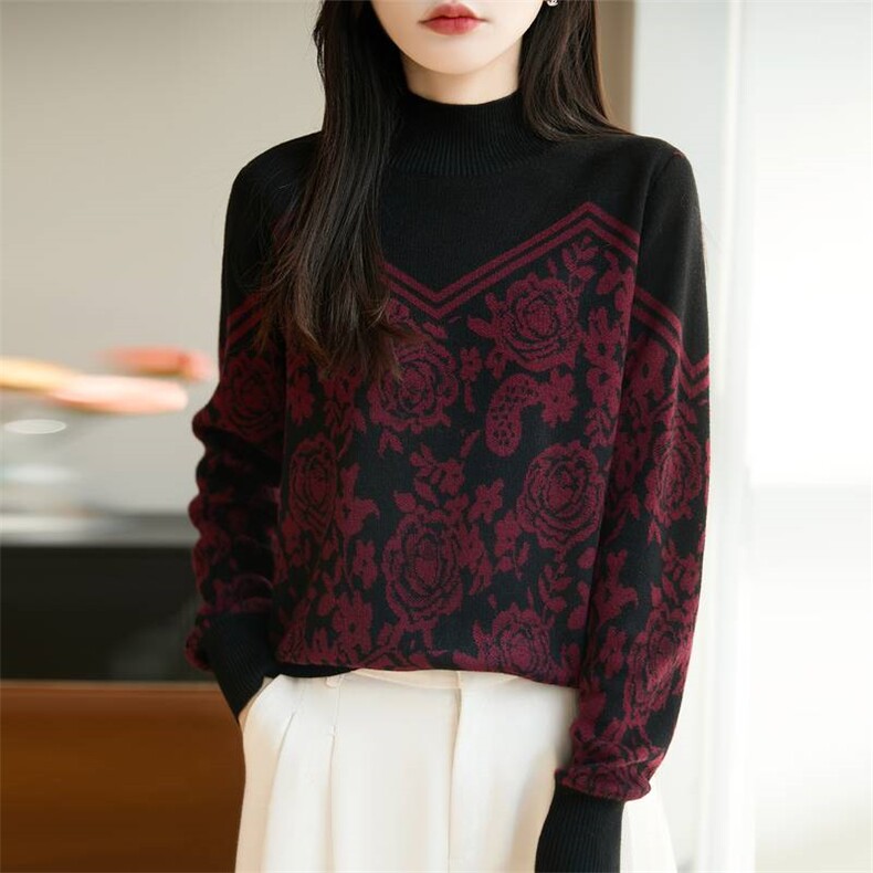 2025年秋季时尚百搭通勤简约休闲套头玫瑰，女装针织衫/毛衣，唐诺
