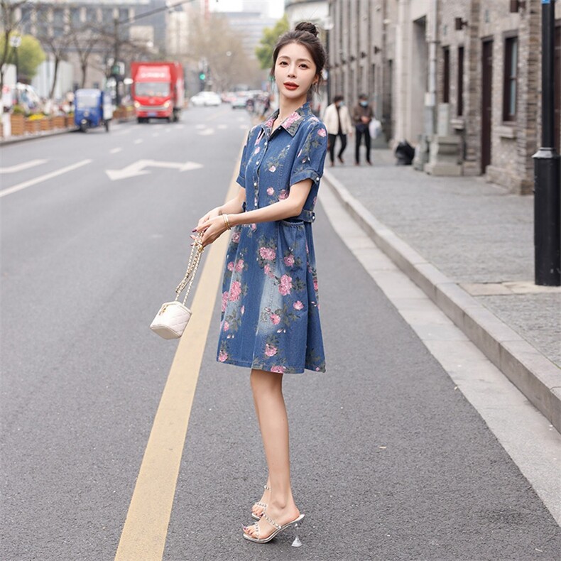 时尚牛仔印花连衣裙修身显瘦高腰A字裙夏季新款,女装连衣裙,秋水欣儿