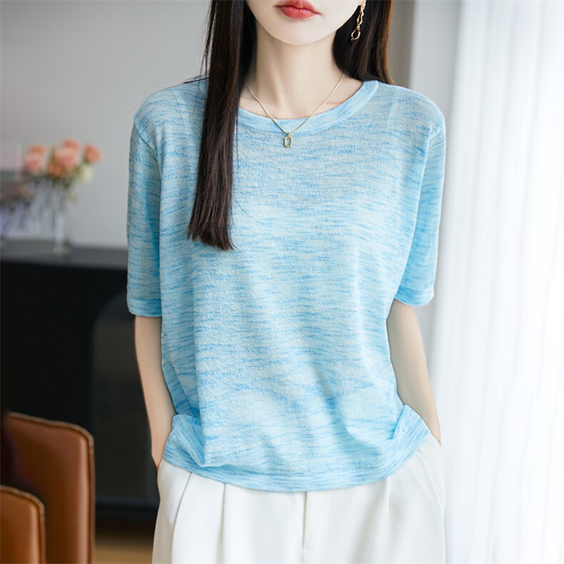 圆领简约彩纱针织衫正肩短袖T恤女2025夏季休闲薄款半袖小衫上衣,针织衫/毛衣,郡淞羊绒