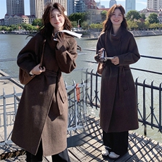 双面羊毛大衣女款2024秋冬新款韩版宽松气质优雅羊毛呢外套配包包，女装双面呢大衣，韩蜜菓