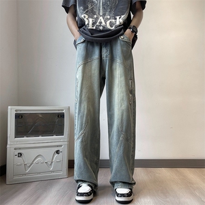 美式复古设计感阔腿牛仔裤女夏季高腰街头hiphop高街NG14 P58图片