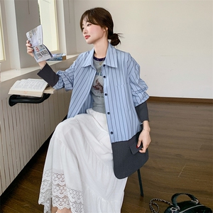 蓝色条纹西装拼接衬衫外套2025新款女春秋小众设计感韩系气质上衣图片