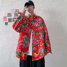 C203秋长袖男士宽松东北大花港风衬衣外套民族特色表演出新中式潮，男装民族服装，星座115A(原星座507）