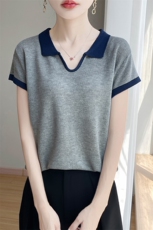夏季新款天丝苎麻剪刀polo领拼色短袖女宽松百搭显瘦时尚休闲上衣，女装针织衫/毛衣，暖娇绒