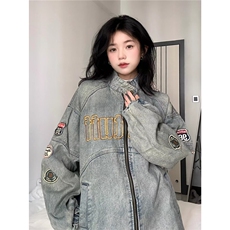 美式复古机车风vintage牛仔外套女2025春秋款刺绣重工夹克宽松潮，男装工装外套，星座1210-1