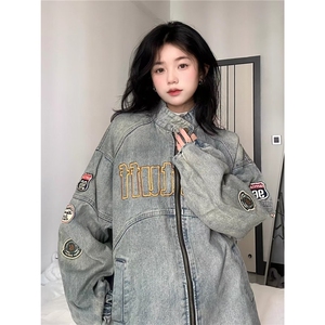美式复古机车风vintage牛仔外套女2025春秋款刺绣重工夹克宽松潮图片
