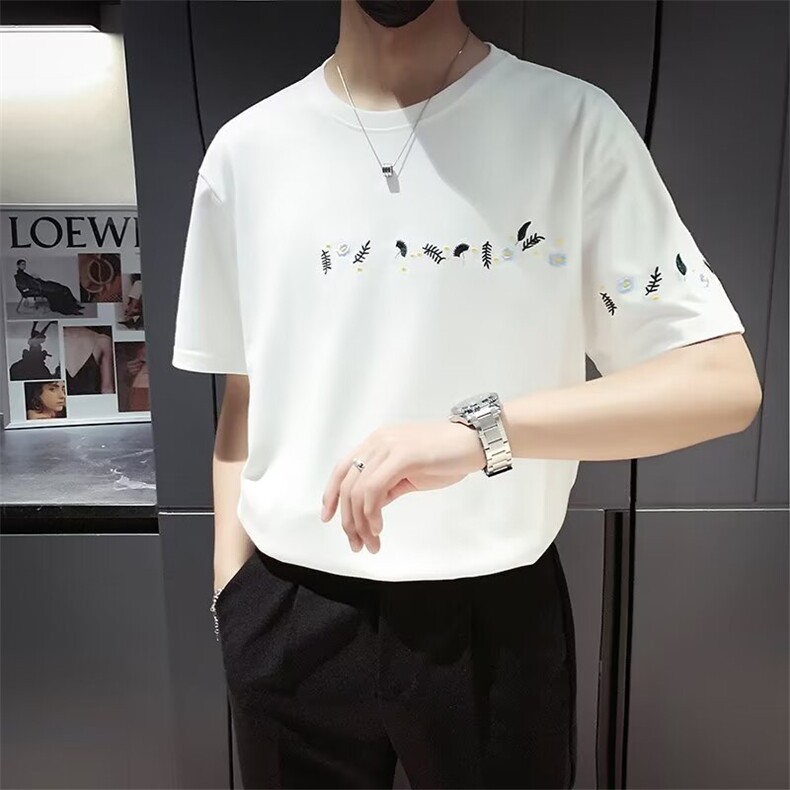 夏季刺绣T恤男短袖潮牌痞帅半袖体恤男2025新款衣服夏装薄款上衣,男装T恤,电商B212（原钱塘6029）