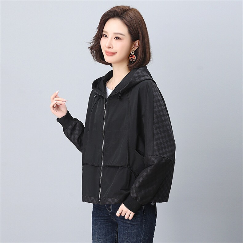 拼接短款外套女2024新款秋季时尚洋气春秋款妈妈连帽休闲夹克,女装大码女装,奕阳依阁