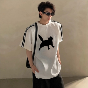 抖音得物高品质二开240克宽松纯棉美式潮牌三条杠织带短袖T恤图片
