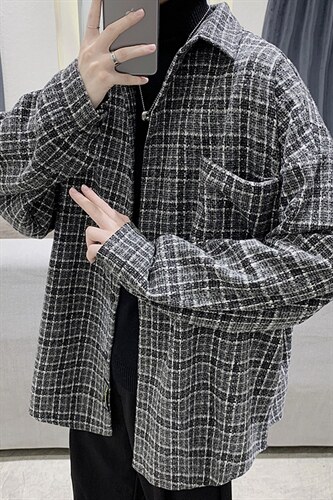 加厚毛呢衬衫男外套韩版宽松潮流帅气慵懒风秋冬格子衬衣DX125P60图片