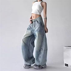 美式复古设计感嘻哈弯刀牛仔裤女2025秋季新款宽松显瘦直筒阔腿裤，男装牛仔裤，星座813-2