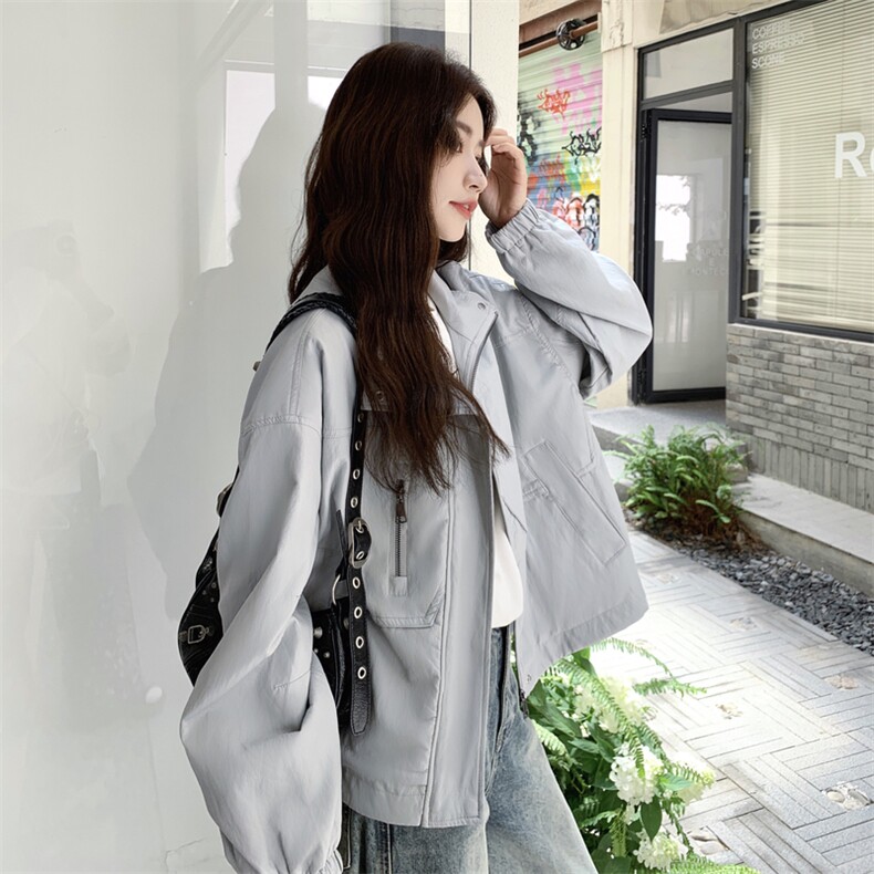 设计感立领皮衣外套女2025秋季新款复古宽松百搭小个子工装夹克潮,女装皮衣,2C056