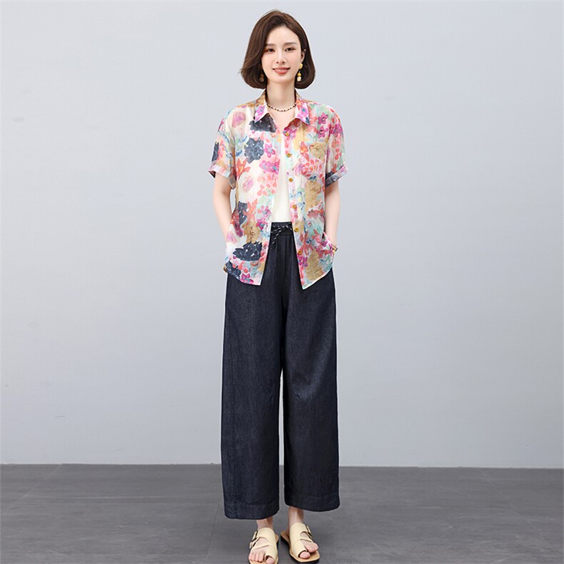 叶笙衣套装2552-132印花短袖复古花纹阔腿裤套装,女装套装/套裙,叶笙衣