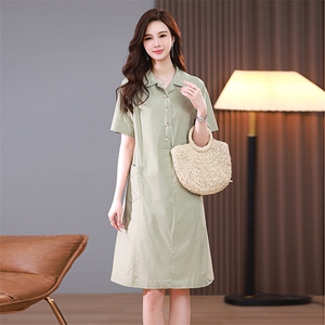 2023夏季袖口休闲中长款衬衫连衣裙大口袋图片
