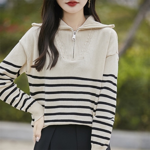 100纯棉毛衣女秋冬POLO领内搭宽松打底衫2025新款针织上衣图片
