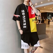 男士短袖t恤休闲套装宽松棉潮流半袖上衣服男夏季男装F155P55，男装套装，电商A086