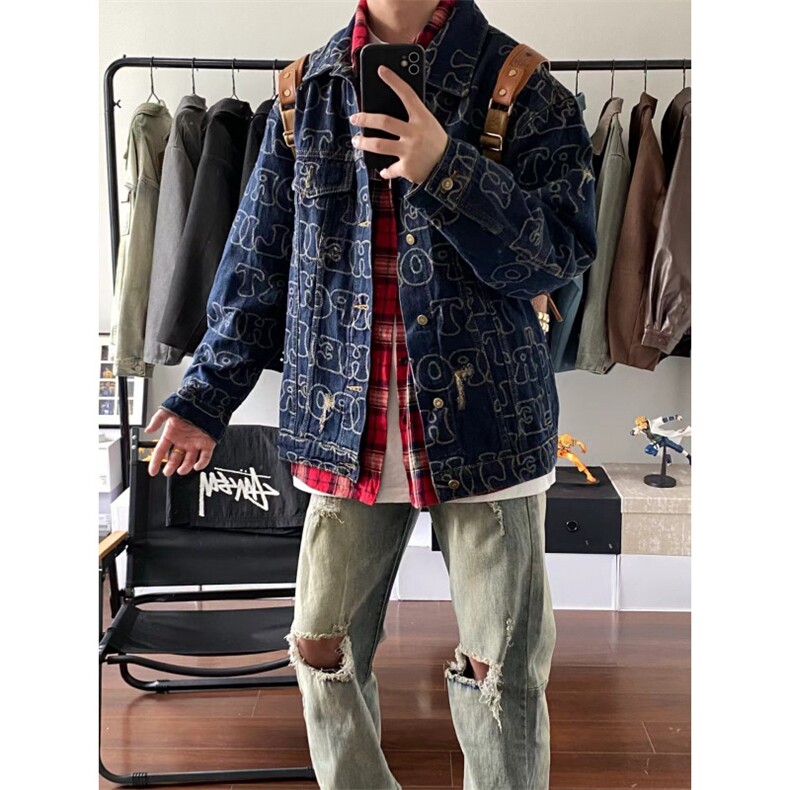 【有货】破洞满印牛仔外套男高级感痞帅美式工装夹克226HH-特P70,男装工装外套,星座1007（原301D）