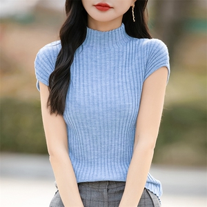 法式半高领针织短袖女T恤连肩小飞袖修身显腰身春秋紧身内搭打底图片