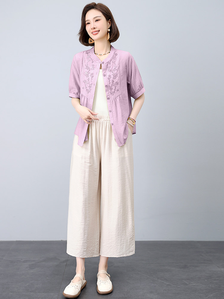 时尚套装夏季薄款2025新款苎麻上衣大方得体一整套超火亚麻两件套,女装套装/套裙,江忆布依