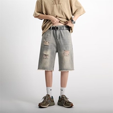 破洞牛仔短裤男款夏季设计感小众宽松阔腿五分裤美式DK5582-P36，男装牛仔裤，星座1109-3