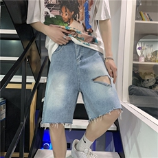 破洞毛边牛仔短裤男夏季ins宽松潮流休闲乞丐五分裤子ND66-P35，男装牛仔裤，星座1008