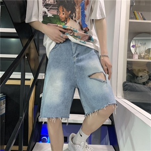 破洞毛边牛仔短裤男夏季ins宽松潮流休闲乞丐五分裤子ND66-P35图片