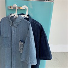 牛仔短袖衬衫男夏季薄款潮流五分袖衬衣ins百搭宽松外套CS50-p40，男装T恤，星座1008-2