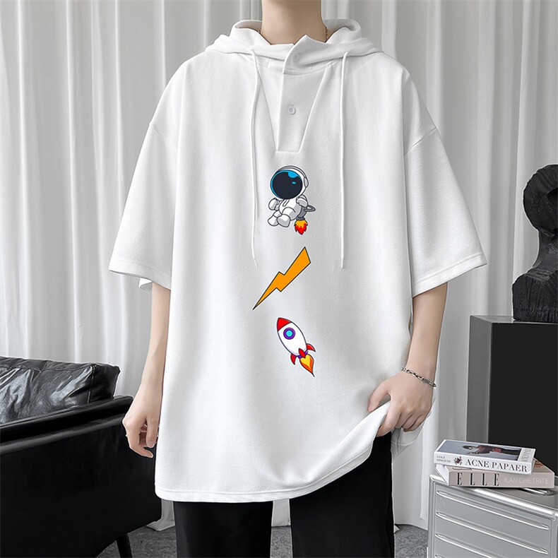 LD54165-P45 连帽短袖t恤男大码胖子带帽五分袖中袖图片
