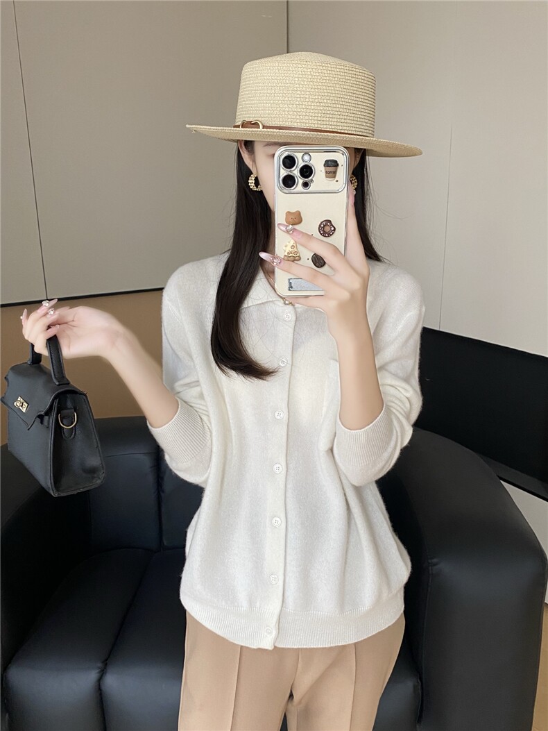 2025年秋季长袖时尚百搭通勤polo领开衫,女装羊绒衫,米哆哆羊绒