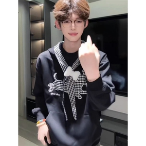 DD309P65美式刺绣小狗格子绑带连帽卫衣男秋百搭宽松慵懒风上衣潮图片