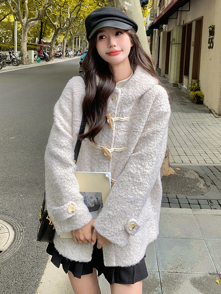 【新款】现货毛呢羊毛牛角扣中长款含羊毛55%,女装毛呢外套,浙宝192（原082）