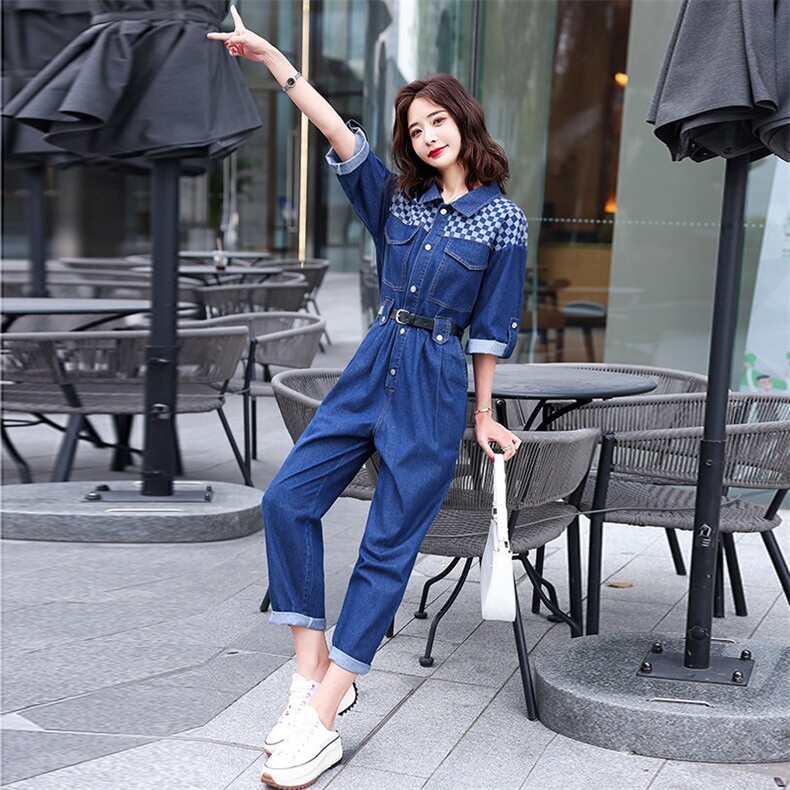 牛仔工装连体裤女2025春秋新款拼接格子高级感时尚流行连衣裤，女装连体裤，E百度