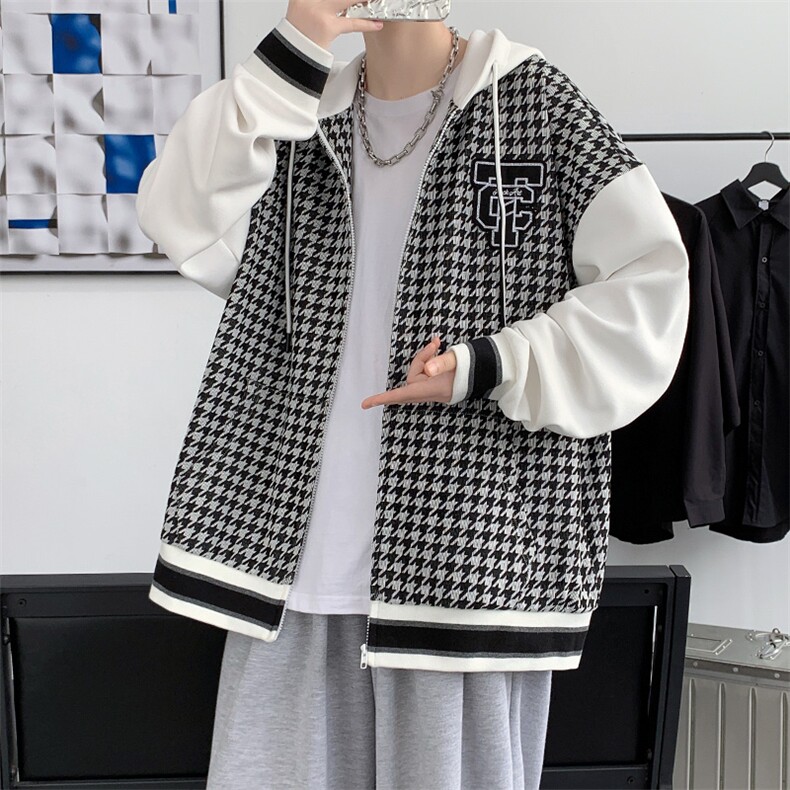 2023秋装青少年港风时尚千鸟格连帽棒球服夹克外套男士7313-P120,男装夹克,电商A441-1