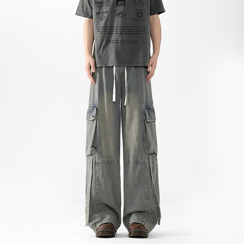 水洗飘带春季新款2025大口袋工装牛仔裤男直筒裤子-A1430TP55控88，男装牛仔裤，电商B241