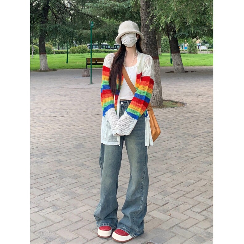 【有货】彩虹镂空连帽针织开衫男女罩衫情侣衬衫外套2401CC-特P48,男装衬衫,星座1007（原301D）