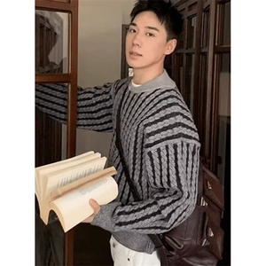 秋冬日系复古条纹撞色开衫毛衣男小众慵懒风休闲针织衫 M134图片