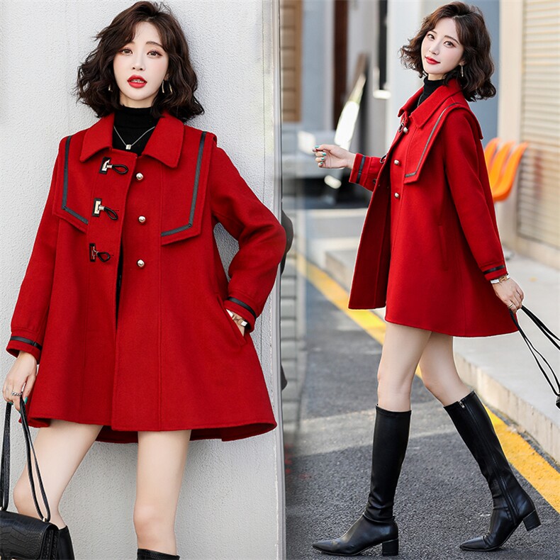 现货2021年冬季简约时尚大气A字摆海军领手工缝制双面呢大衣，女装毛呢外套，菡迪欧娜