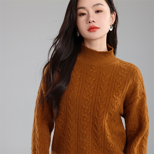 女士秋季新款简约百搭半高领重工绞花羊毛衫图片