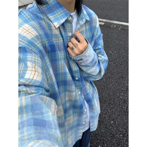 蓝色格子衬衫男女长袖同款情侣宽松2025夏ins休闲衬衣CY1096-P38图片