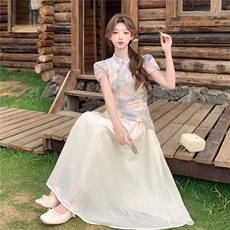新中式国风碎花收腰连衣裙女2025夏季新款修身气质假两件显瘦长裙，女装连衣裙，2C159