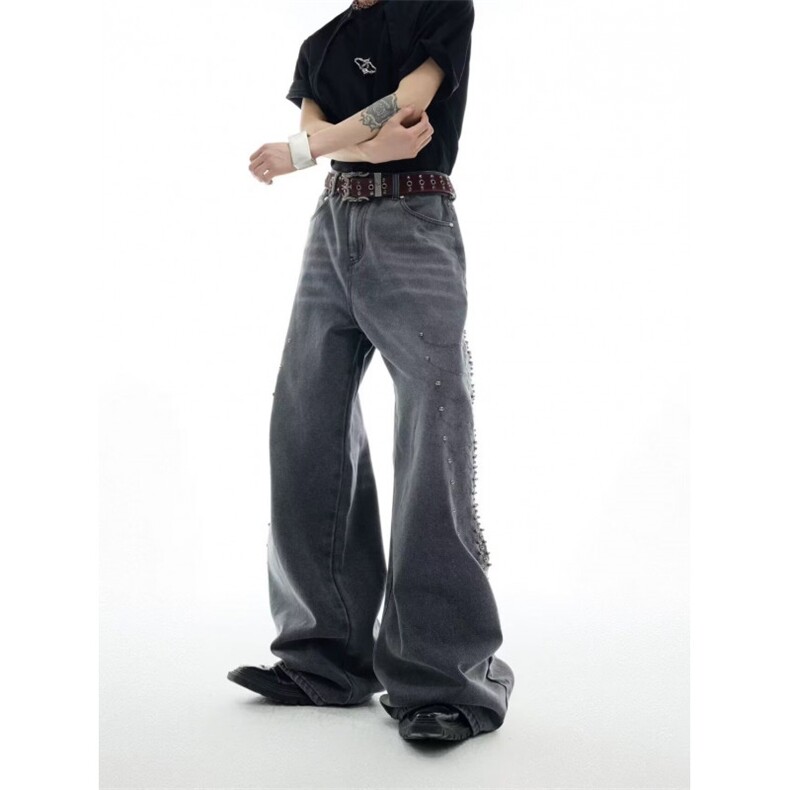 美式高街复古牛仔裤vibe风裤子男金属柳钉做旧宽松潮LN70555-P65,男装牛仔裤,星座1008