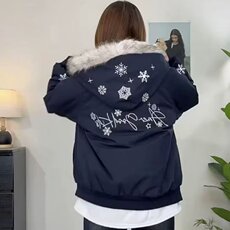 美式复古雪花刺绣连帽座山雕棉服男女加厚绒冬季情侣保暖棉衣外套，男装棉衣，星座506A