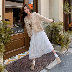 奶系温柔发针织开始套装裙女2024秋季新款小个子镂空半身裙三件套，女装套装/套裙，先锋丽姿