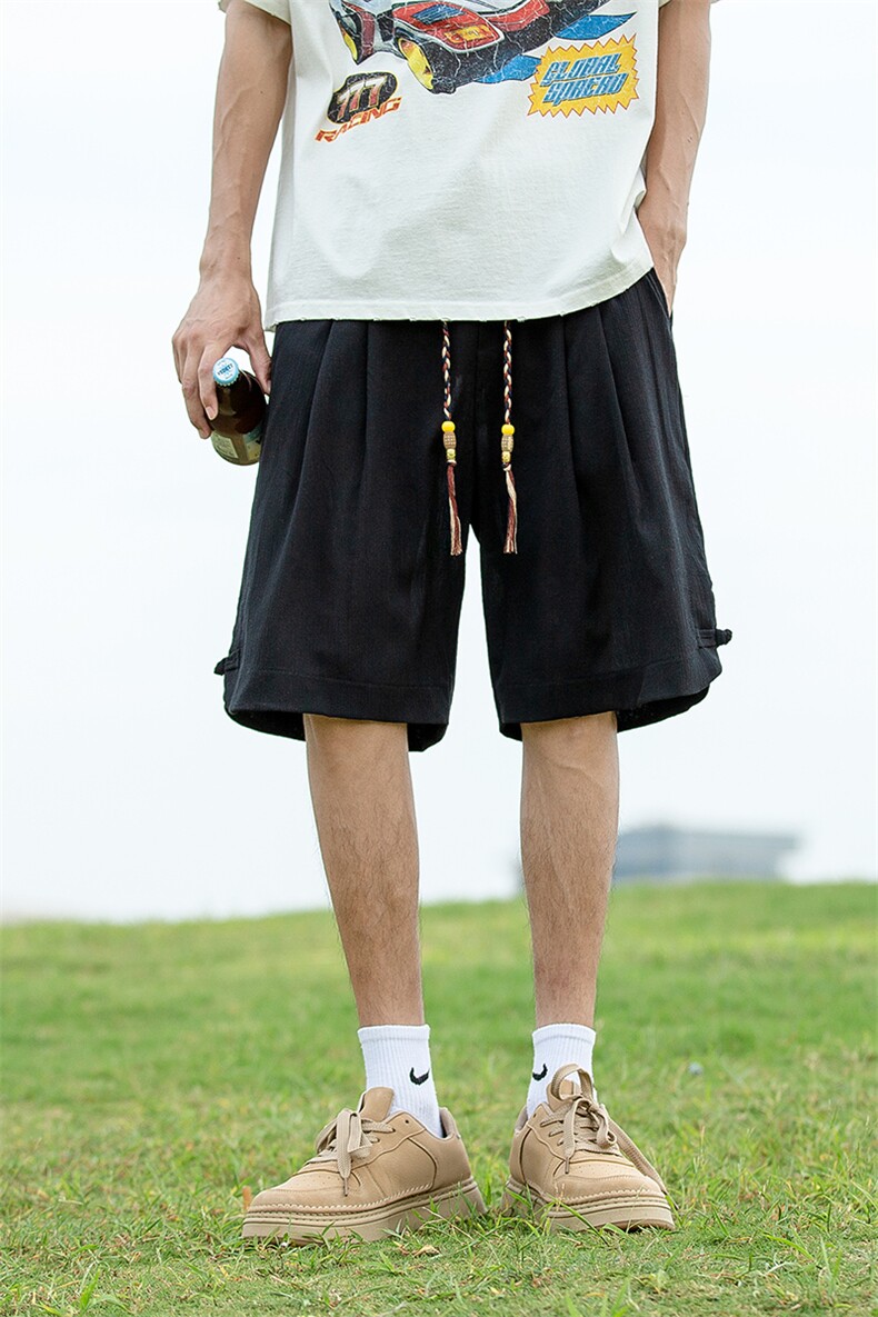 风亚麻短裤男士夏天新中式盘扣棉麻五分裤男加肥加大码中裤男,男装牛仔裤,电商A011（原4039）