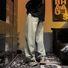 美式复古牛仔裤男秋冬潮牌做旧阔腿裤港风百搭垂感裤子N2430-p45，男装牛仔裤，星座1008