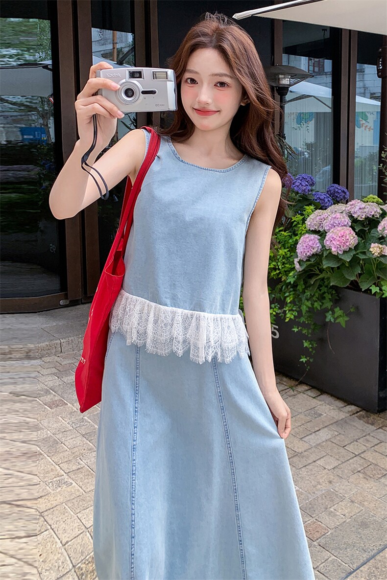 现货-2025年夏季新款蕾丝拼接牛仔两件套裙P155-K218,女装套装/套裙,浪娴服饰