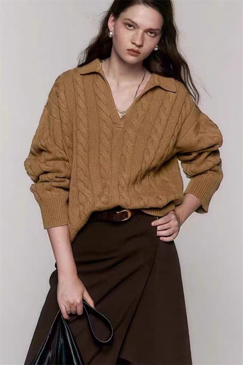 时尚麻花polo领女士羊毛衫羊毛宽松显瘦温暖舒适,女装羊毛衫,旭驰羊绒