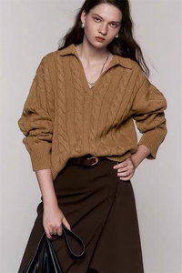 时尚麻花polo领女士羊毛衫羊毛宽松显瘦温暖舒适图片