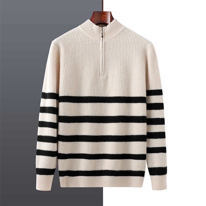 2025年秋季新款百搭男士斑马条纹半高拉链羊毛衫，男装羊毛衫，牧绒家园高端店